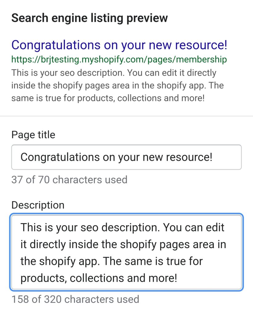 preview window of editing an seo description in the shopify backend