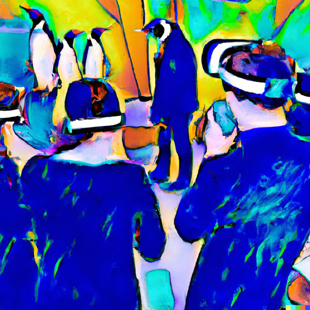 people and penguins art piece wearing vr headsets