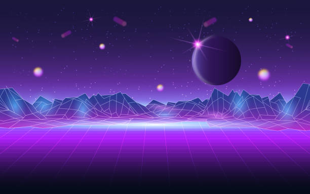 digital planet with matrix style landscape of mountains and moon
