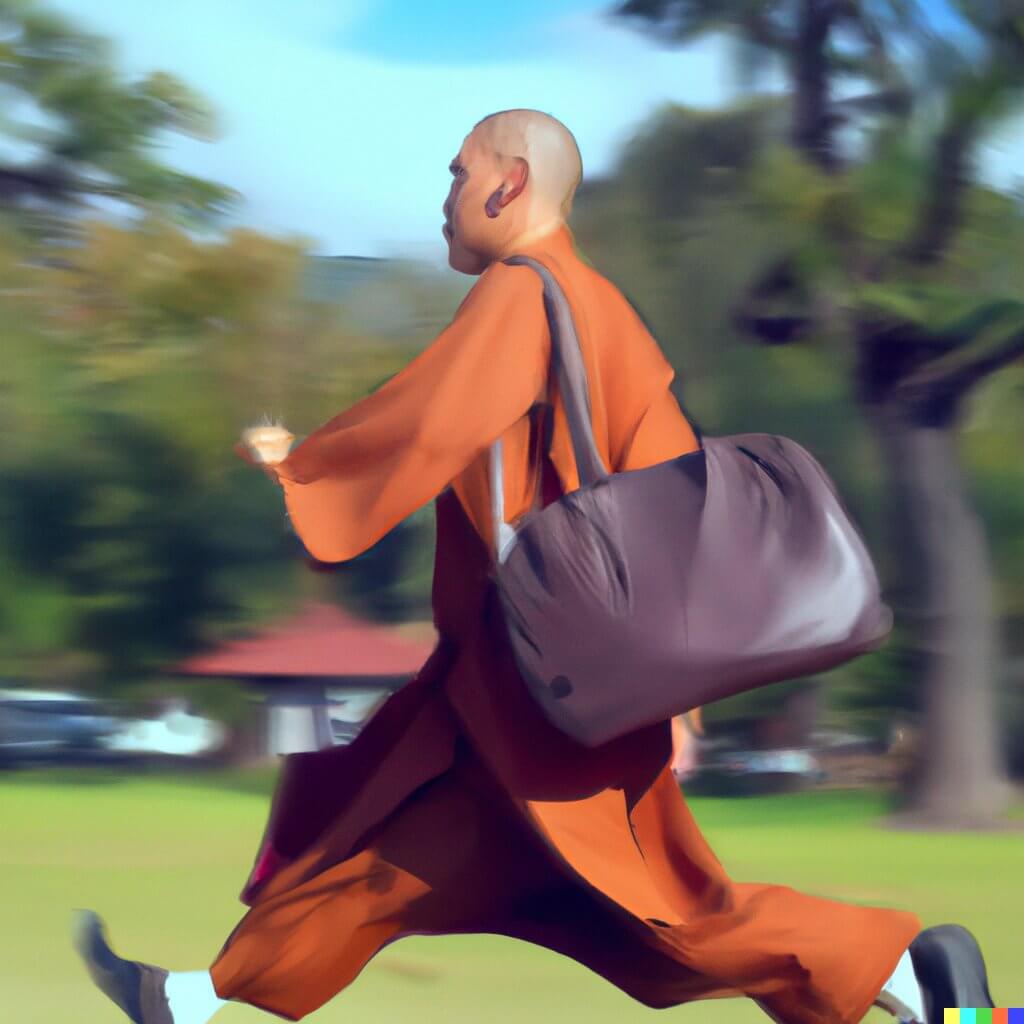 Buddhist monk running to an appointment. 