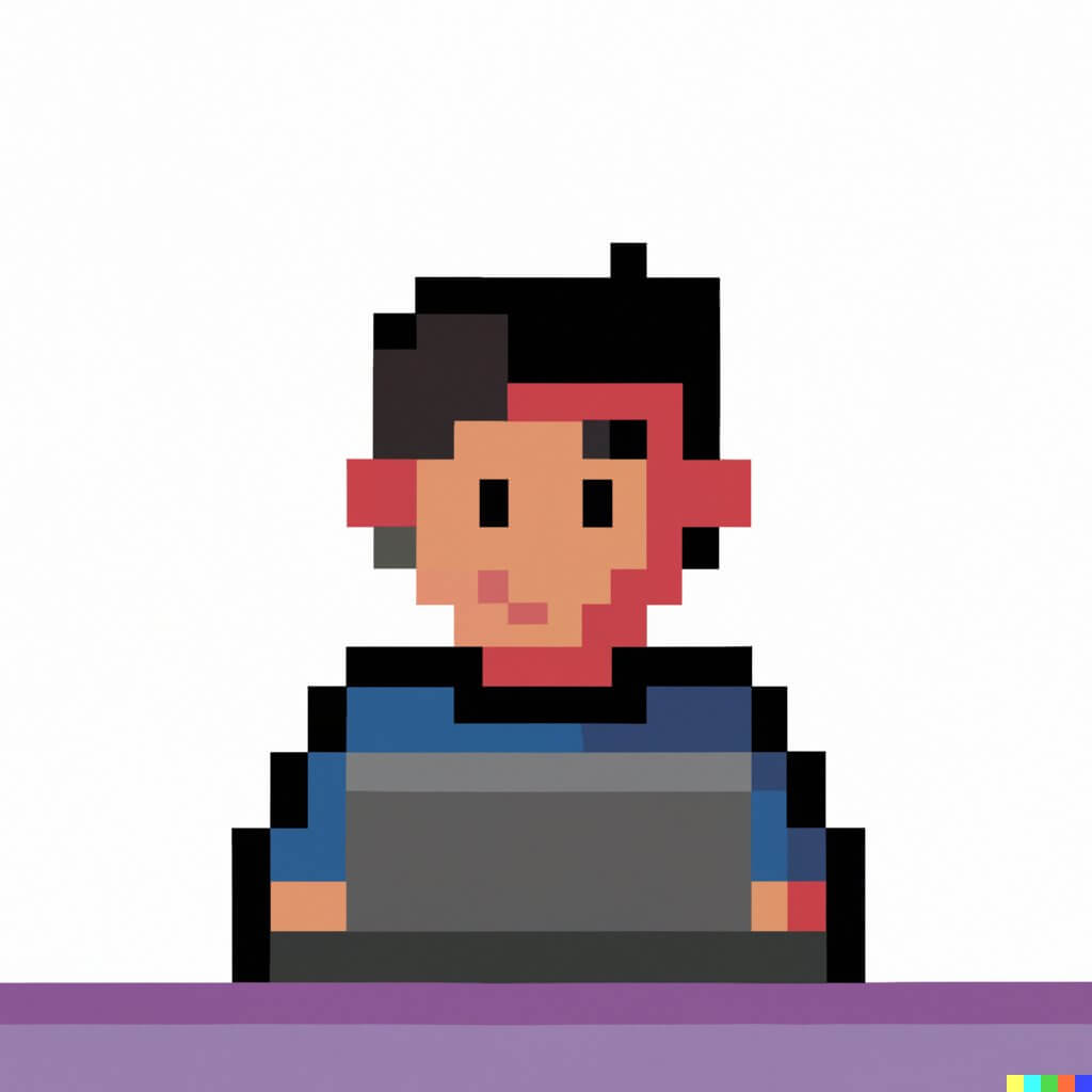 pixel art of a boy using a laptop