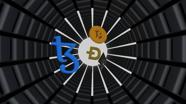 tezos, doge, ethereum, and bitcoin 3d tokens moving along a black tunnel