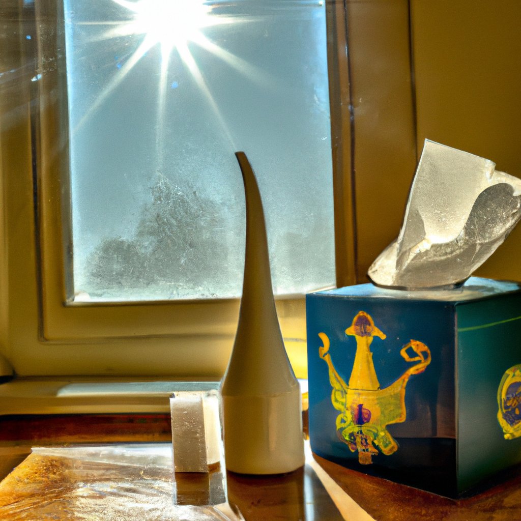 a box of tissues, a neti pot, and other homeopathic remedies t allergic reactions sitting on a kitchen counter in the sun